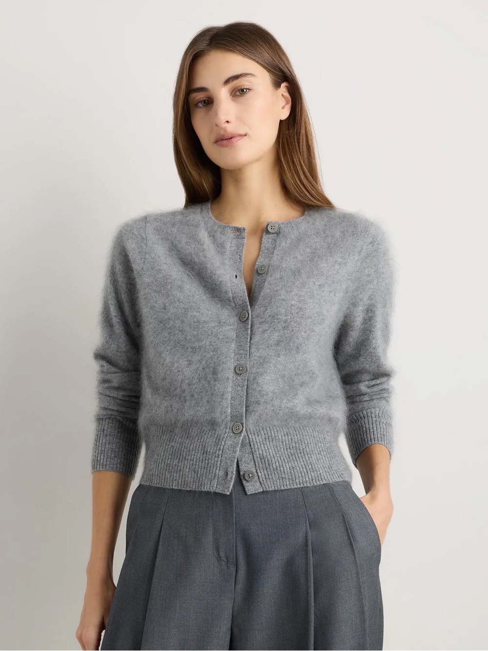 Quince Brushed Cashmere Cropped Crewneck Cardigan Grey Large